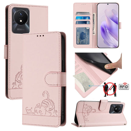 Cat Rat Embossed Pattern RFID Leather Phone Case with Lanyard, For vivo V29 5G Global / V29 Pro, For vivo Y17S 4G Global, For vivo Y17S 5G India, For vivo Y02A 4G / Y02 4G