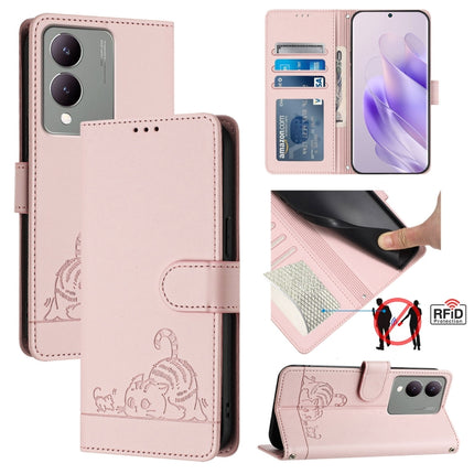 Cat Rat Embossed Pattern RFID Leather Phone Case with Lanyard, For vivo V29 5G Global / V29 Pro, For vivo Y17S 4G Global, For vivo Y17S 5G India, For vivo Y02A 4G / Y02 4G