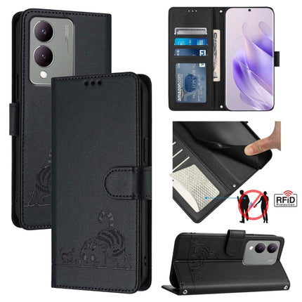Cat Rat Embossed Pattern RFID Leather Phone Case with Lanyard, For vivo V29 5G Global / V29 Pro, For vivo Y17S 4G Global, For vivo Y17S 5G India, For vivo Y02A 4G / Y02 4G