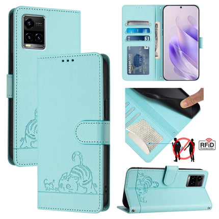 Cat Rat Embossed Pattern RFID Leather Phone Case with Lanyard, For vivo iQOO U5E 5G / Y30 5G, For vivo Y33E 5G, For vivo Y33S 4G Global, For vivo Y21 2021 / Y21S / Y21T