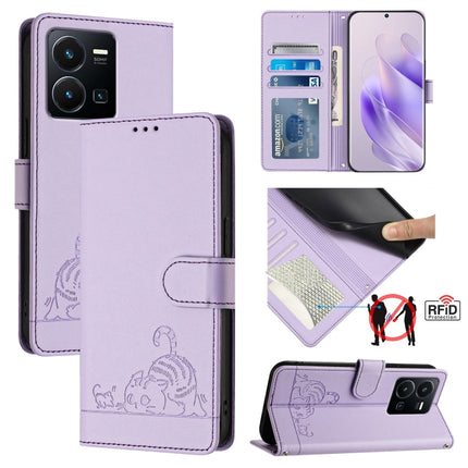Cat Rat Embossed Pattern RFID Leather Phone Case with Lanyard, For vivo V27E 4G Global, For vivo T2 4G Global, For vivo Y72 5G / iQOO Z3 / Y52 5G, For vivo Y22S 4G Global