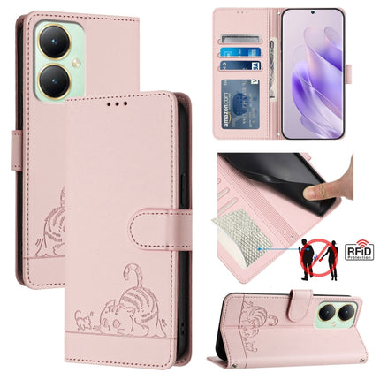 Cat Rat Embossed Pattern RFID Leather Phone Case with Lanyard, For vivo Y27 4G 2023 Global, For vivo Y22 4G Global