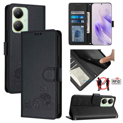 Cat Rat Embossed Pattern RFID Leather Phone Case with Lanyard, For vivo Y27 4G 2023 Global, For vivo Y22 4G Global