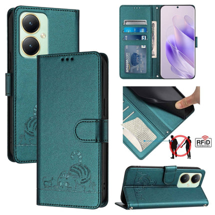 Cat Rat Embossed Pattern RFID Leather Phone Case with Lanyard, For vivo Y27 4G 2023 Global, For vivo Y22 4G Global