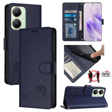 Cat Rat Embossed Pattern RFID Leather Phone Case with Lanyard, For vivo Y27 4G 2023 Global, For vivo Y22 4G Global