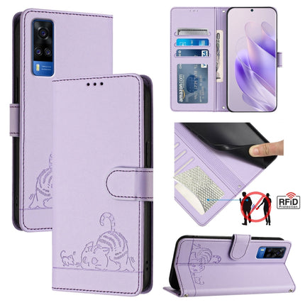 Cat Rat Embossed Pattern RFID Leather Phone Case with Lanyard, For vivo Y76 5G, For vivo Y51 2020 India, For vivo Y31 4G 2021 India, For vivo Y53S 4G / Y51A 2021