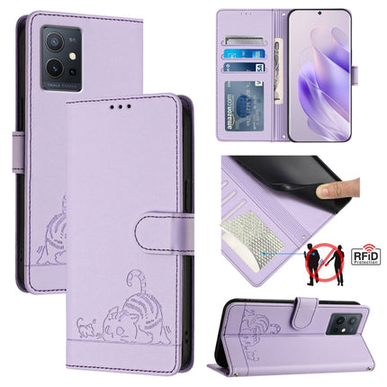 Cat Rat Embossed Pattern RFID Leather Phone Case with Lanyard, For vivo Y77 5G Global / Y77E 5G, For vivo Y55S 2023 5G, For vivo Y55 5G Global, For vivo Y75 5G Global