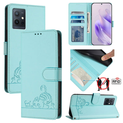 Cat Rat Embossed Pattern RFID Leather Phone Case with Lanyard, For vivo iQOO U5E 5G / Y30 5G, For vivo Y33E 5G, For vivo Y33S 4G Global, For vivo Y21 2021 / Y21S / Y21T