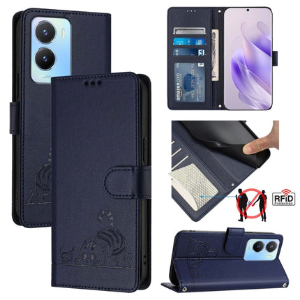 Cat Rat Embossed Pattern RFID Leather Phone Case with Lanyard, For vivo Y78+ 5G Global, For vivo Y78 5G Global / V29 Lite, For vivo Y56 5G Global, For vivo Y16 4G Global