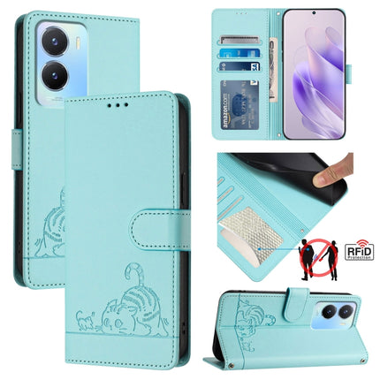 Cat Rat Embossed Pattern RFID Leather Phone Case with Lanyard, For vivo Y02S 4G Global, For vivo Y100 5G Global, For vivo V27 5G Global, For vivo V27 Pro 5G Global