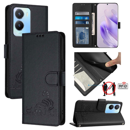 Cat Rat Embossed Pattern RFID Leather Phone Case with Lanyard, For vivo Y02S 4G Global, For vivo Y100 5G Global, For vivo V27 5G Global, For vivo V27 Pro 5G Global