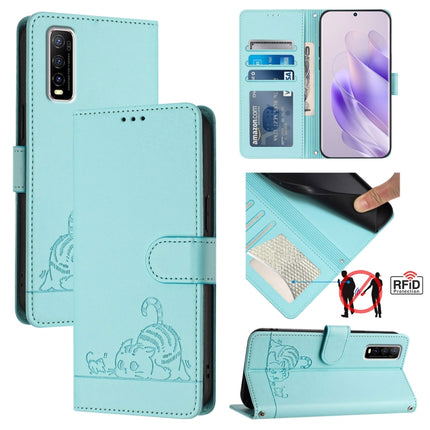 Cat Rat Embossed Pattern RFID Leather Phone Case with Lanyard, For vivo Y33 4G 2021, For vivo Y52S 5G / iQOO U3, For vivo Y31S 5G / Y72 5G India, For vivo Y70S