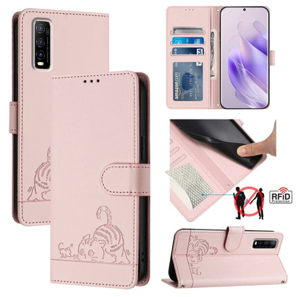 Cat Rat Embossed Pattern RFID Leather Phone Case with Lanyard, For vivo Y33 4G 2021, For vivo Y52S 5G / iQOO U3, For vivo Y31S 5G / Y72 5G India, For vivo Y70S