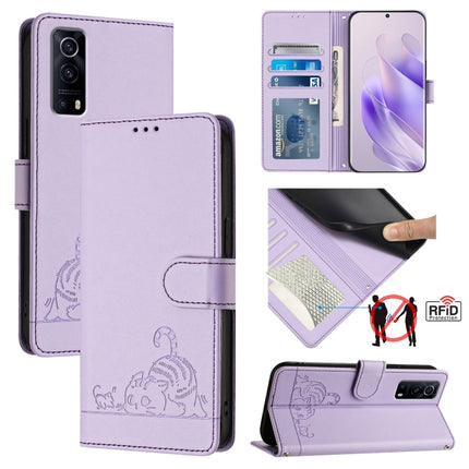 Cat Rat Embossed Pattern RFID Leather Phone Case with Lanyard, For vivo V27E 4G Global, For vivo T2 4G Global, For vivo Y72 5G / iQOO Z3 / Y52 5G, For vivo Y22S 4G Global