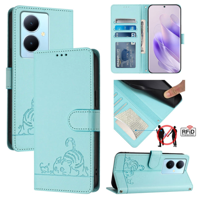 Cat Rat Embossed Pattern RFID Leather Phone Case with Lanyard, For vivo Y78+ 5G Global, For vivo Y78 5G Global / V29 Lite, For vivo Y56 5G Global, For vivo Y16 4G Global