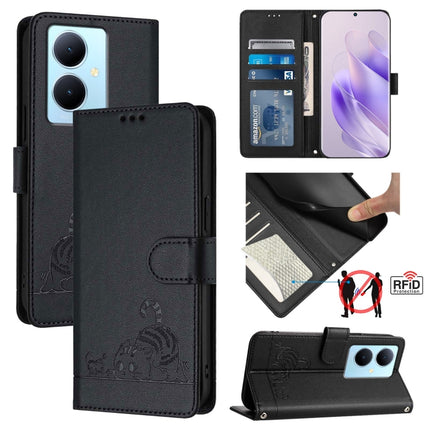 Cat Rat Embossed Pattern RFID Leather Phone Case with Lanyard, For vivo Y78+ 5G Global, For vivo Y78 5G Global / V29 Lite, For vivo Y56 5G Global, For vivo Y16 4G Global