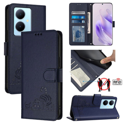 Cat Rat Embossed Pattern RFID Leather Phone Case with Lanyard, For vivo Y78+ 5G Global, For vivo Y78 5G Global / V29 Lite, For vivo Y56 5G Global, For vivo Y16 4G Global