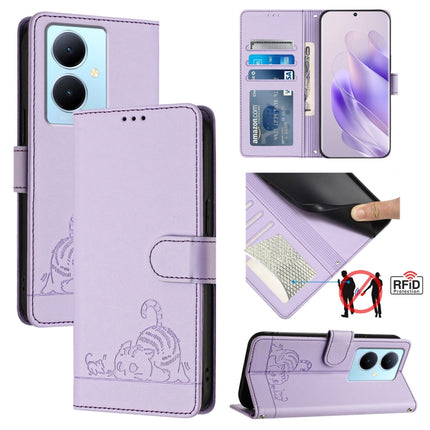 Cat Rat Embossed Pattern RFID Leather Phone Case with Lanyard, For vivo Y78+ 5G Global, For vivo Y78 5G Global / V29 Lite, For vivo Y56 5G Global, For vivo Y16 4G Global