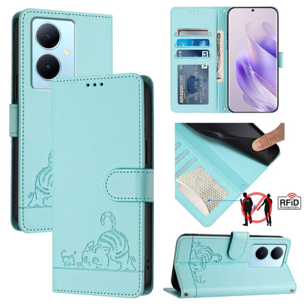 Cat Rat Embossed Pattern RFID Leather Phone Case with Lanyard, For vivo Y78+ 5G Global, For vivo Y78 5G Global / V29 Lite, For vivo Y56 5G Global, For vivo Y16 4G Global