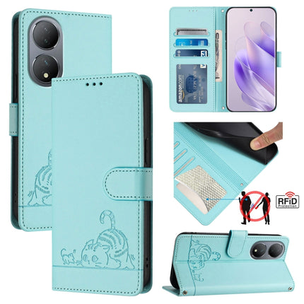 Cat Rat Embossed Pattern RFID Leather Phone Case with Lanyard, For vivo Y02S 4G Global, For vivo Y100 5G Global, For vivo V27 5G Global, For vivo V27 Pro 5G Global