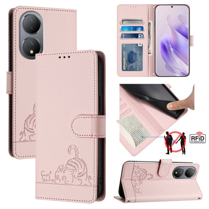 Cat Rat Embossed Pattern RFID Leather Phone Case with Lanyard, For vivo Y02S 4G Global, For vivo Y100 5G Global, For vivo V27 5G Global, For vivo V27 Pro 5G Global