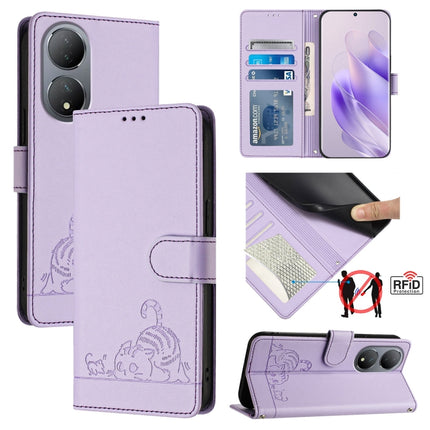 Cat Rat Embossed Pattern RFID Leather Phone Case with Lanyard, For vivo Y02S 4G Global, For vivo Y100 5G Global, For vivo V27 5G Global, For vivo V27 Pro 5G Global