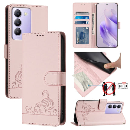 Cat Rat Embossed Pattern RFID Leather Phone Case with Lanyard, For vivo Y20A / Y20G / Y12A, For vivo Y03 4G Global, For vivo Y100 5G IDN, For vivo Y200E 5G Global