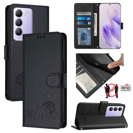 Cat Rat Embossed Pattern RFID Leather Phone Case with Lanyard, For vivo Y20A / Y20G / Y12A, For vivo Y03 4G Global, For vivo Y100 5G IDN, For vivo Y200E 5G Global