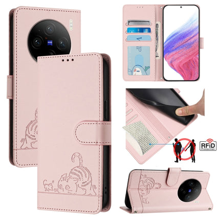 Cat Rat Embossed Pattern RFID Leather Phone Case with Lanyard, For vivo V30 Lite 5G Global, For vivo X100 Pro 5G, For vivo X100, For vivo Y27S 4G Global