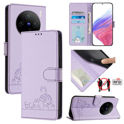 Cat Rat Embossed Pattern RFID Leather Phone Case with Lanyard, For vivo V30 Lite 5G Global, For vivo X100 Pro 5G, For vivo X100, For vivo Y27S 4G Global