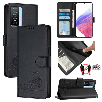 Cat Rat Embossed Pattern RFID Leather Phone Case with Lanyard, For vivo Y76 5G, For vivo Y51 2020 India, For vivo Y31 4G 2021 India, For vivo Y53S 4G / Y51A 2021