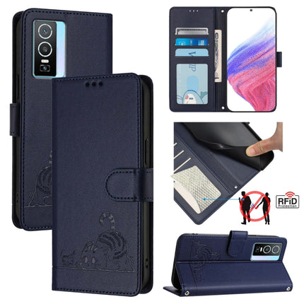 Cat Rat Embossed Pattern RFID Leather Phone Case with Lanyard, For vivo Y76 5G, For vivo Y51 2020 India, For vivo Y31 4G 2021 India, For vivo Y53S 4G / Y51A 2021