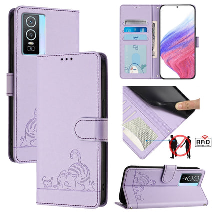 Cat Rat Embossed Pattern RFID Leather Phone Case with Lanyard, For vivo Y76 5G, For vivo Y51 2020 India, For vivo Y31 4G 2021 India, For vivo Y53S 4G / Y51A 2021