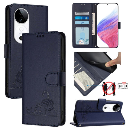 Cat Rat Embossed Pattern RFID Leather Phone Case with Lanyard, For vivo Y300 Pro, For vivo iQOO Z9s Pro 5G India, For vivo S19 Pro, For vivo S19