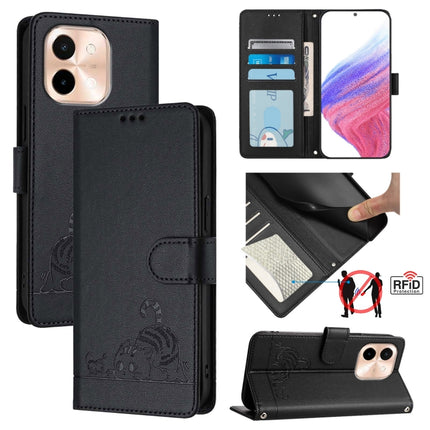 Cat Rat Embossed Pattern RFID Leather Phone Case with Lanyard, For vivo Y28 4G, For vivo Y38 5G, For vivo Y20 / Y20i / Y20S / Y11S, For vivo Y12S / iQOO U1x