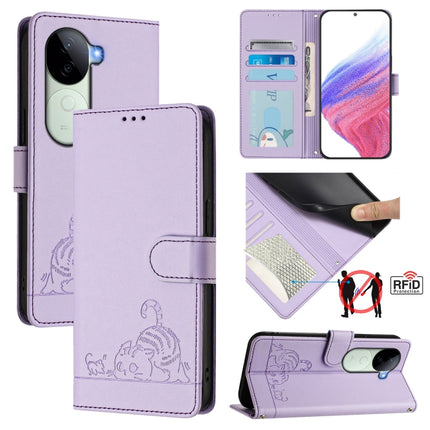 Cat Rat Embossed Pattern RFID Leather Phone Case with Lanyard, For vivo S20 5G, For vivo S20 Pro 5G, For vivo V40 Lite 5G IDN, For vivo V40e 5G India