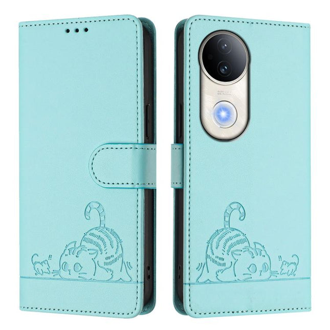 Cat Rat Embossed Pattern RFID Leather Phone Case with Lanyard, For vivo S20 5G, For vivo S20 Pro 5G, For vivo V40 Lite 5G IDN, For vivo V40e 5G India
