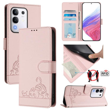 Cat Rat Embossed Pattern RFID Leather Phone Case with Lanyard, For vivo V50 Lite 5G, For vivo Y29S 5G / Y04 4G Global, For vivo Y29 4G Global, For vivo V50 5G Global