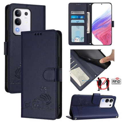 Cat Rat Embossed Pattern RFID Leather Phone Case with Lanyard, For vivo V50 Lite 5G, For vivo Y29S 5G / Y04 4G Global, For vivo Y29 4G Global, For vivo V50 5G Global