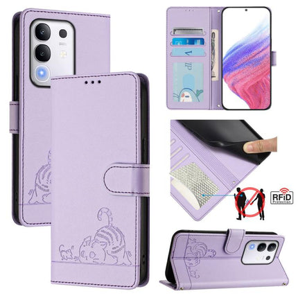 Cat Rat Embossed Pattern RFID Leather Phone Case with Lanyard, For vivo V50 Lite 5G, For vivo Y29S 5G / Y04 4G Global, For vivo Y29 4G Global, For vivo V50 5G Global