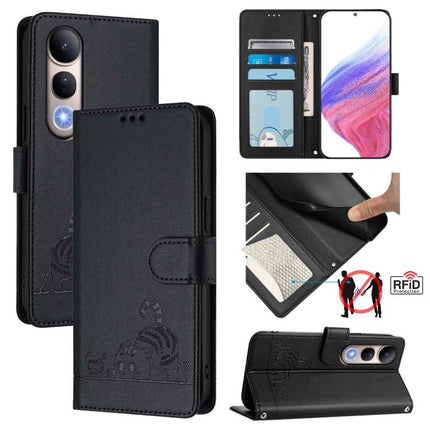 Cat Rat Embossed Pattern RFID Leather Phone Case with Lanyard, For vivo V50 Lite 5G, For vivo Y29S 5G / Y04 4G Global, For vivo Y29 4G Global, For vivo V50 5G Global