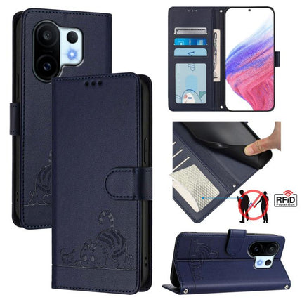 Cat Rat Embossed Pattern RFID Leather Phone Case with Lanyard, For vivo S30 Pro mini, For vivo S30, For vivo X200s 5G, For vivo Y39 5G Global