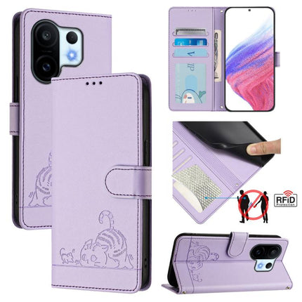 Cat Rat Embossed Pattern RFID Leather Phone Case with Lanyard, For vivo S30 Pro mini, For vivo S30, For vivo X200s 5G, For vivo Y39 5G Global