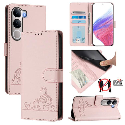 Cat Rat Embossed Pattern RFID Leather Phone Case with Lanyard, For vivo X300 Ultra 5G, For vivo X300 Pro, For vivo X300, For vivo Y31 5G Global