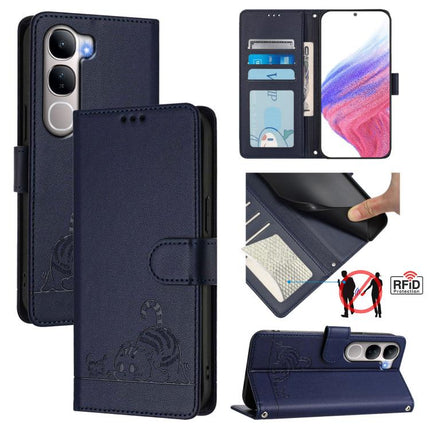 Cat Rat Embossed Pattern RFID Leather Phone Case with Lanyard, For vivo X300 Ultra 5G, For vivo X300 Pro, For vivo X300, For vivo Y31 5G Global