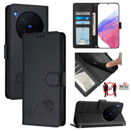 Cat Rat Embossed Pattern RFID Leather Phone Case with Lanyard, For vivo X300 Ultra 5G, For vivo X300 Pro, For vivo X300, For vivo Y31 5G Global