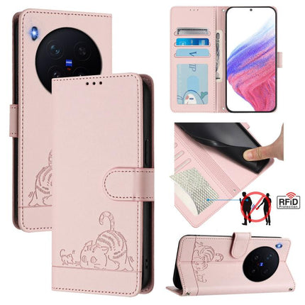 Cat Rat Embossed Pattern RFID Leather Phone Case with Lanyard, For vivo X300 Ultra 5G, For vivo X300 Pro, For vivo X300, For vivo Y31 5G Global
