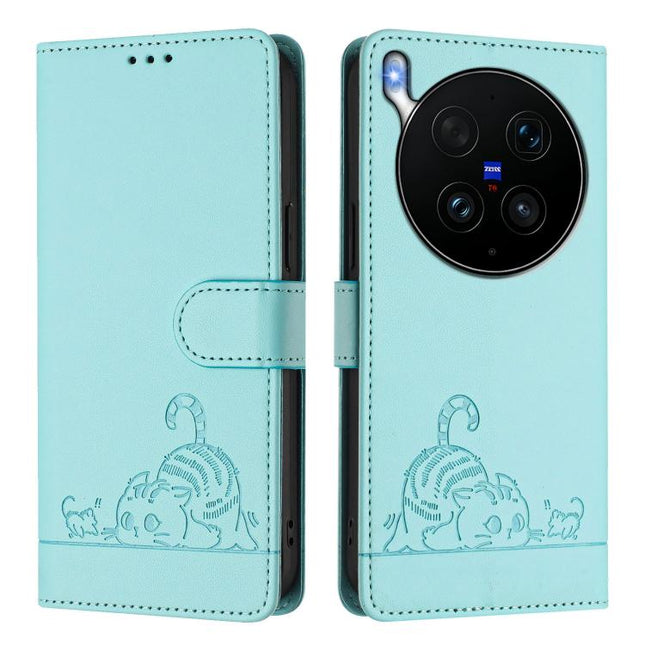 Cat Rat Embossed Pattern RFID Leather Phone Case with Lanyard, For vivo X300 Ultra 5G, For vivo X300 Pro, For vivo X300, For vivo Y31 5G Global