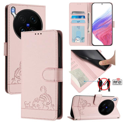 Cat Rat Embossed Pattern RFID Leather Phone Case with Lanyard, For vivo X300 Ultra 5G, For vivo X300 Pro, For vivo X300, For vivo Y31 5G Global