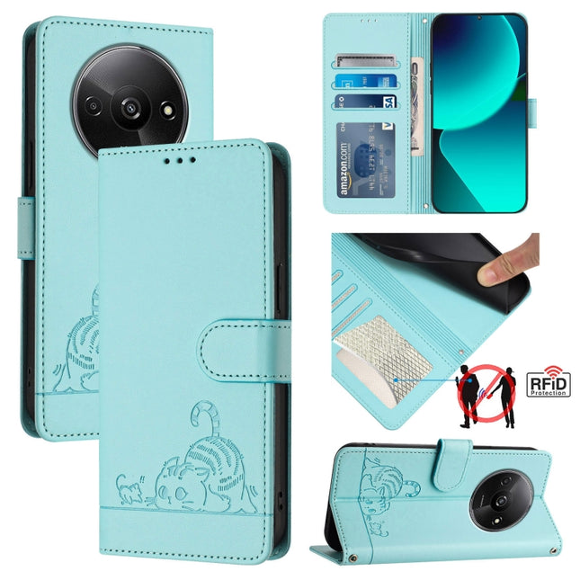 Cat Rat Embossed Pattern RFID Leather Phone Case with Lanyard, For Xiaomi A3 4G Global, For  Xiaomi POCO C61 4G Global, For Xiaomi Redmi 13C 4G Global, For Xiaomi POCO C65 Global